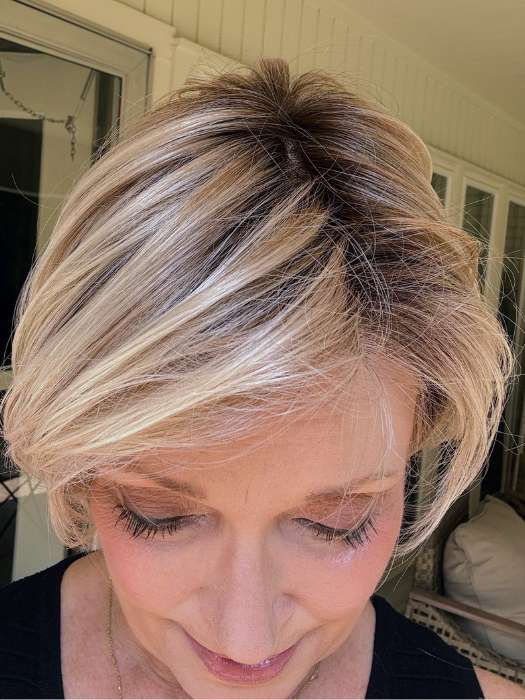 Mel B. @mels.be.ageless wearing SAN FRANCISCO by BELLETRESS in color MILKSHAKE BLONDE R | A mixture of Light Sandy Brown, Highlighted with Light Ash Blonde with a Hint of Light Platinum Blonde with a Medium Root Color
