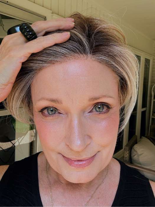 Mel B. @mels.be.ageless wearing SAN FRANCISCO by BELLETRESS in color MILKSHAKE BLONDE R | A mixture of Light Sandy Brown, Highlighted with Light Ash Blonde with a Hint of Light Platinum Blonde with a Medium Root Color
