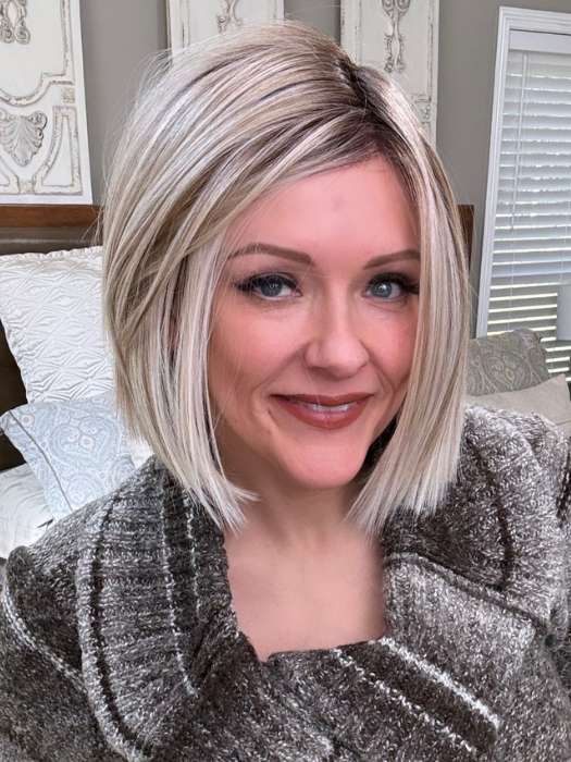 Marcie @wig.obsessed wearing LIA II by ELLEN WILLE in color PEARL BLONDE ROOTED 101.24.20 | Pearl Platinum, Lightest Ash Blonde and Light Strawberry Blonde Blend with Dark Shaded Roots
