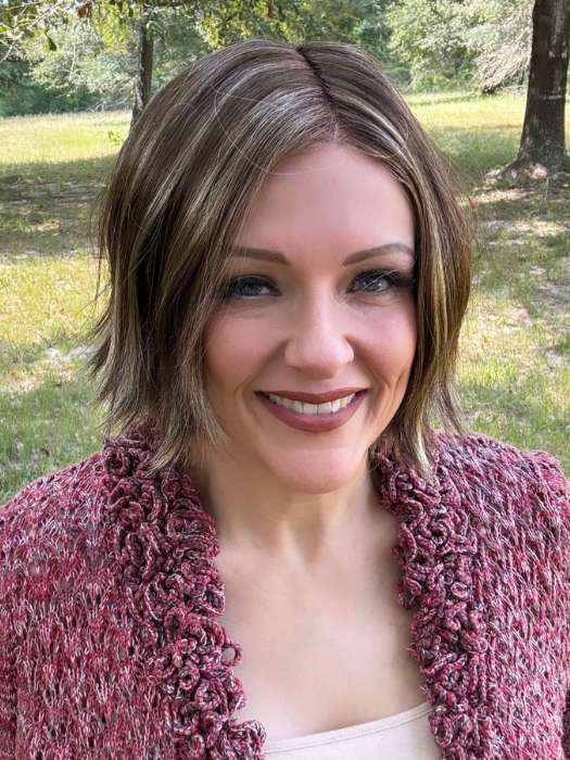 Marcie @wig.obsessed wearing KENNEDY by ESTETICA in color CARMKISSM | Golden Brown with Light Copper Blonde Highlights
