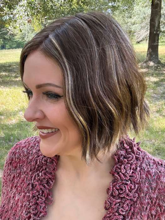 Marcie @wig.obsessed wearing KENNEDY by ESTETICA in color CARMKISSM | Golden Brown with Light Copper Blonde Highlights
