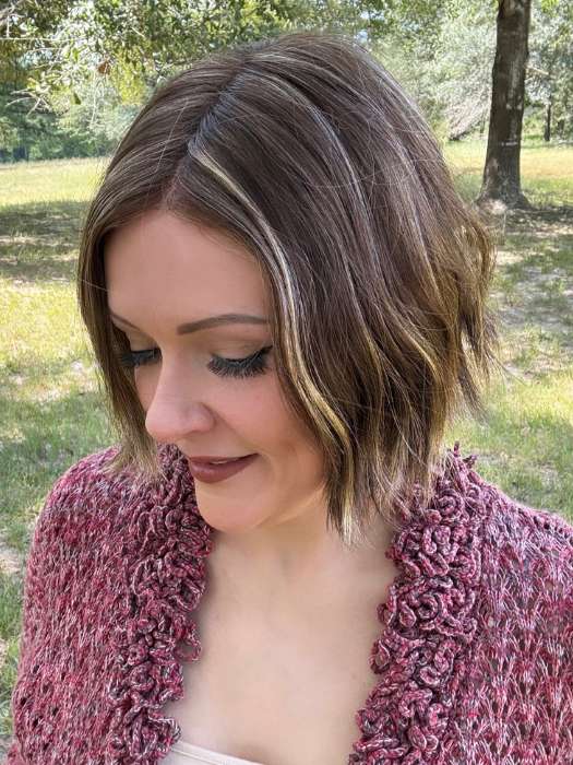 Marcie @wig.obsessed wearing KENNEDY by ESTETICA in color CARMKISSM | Golden Brown with Light Copper Blonde Highlights
