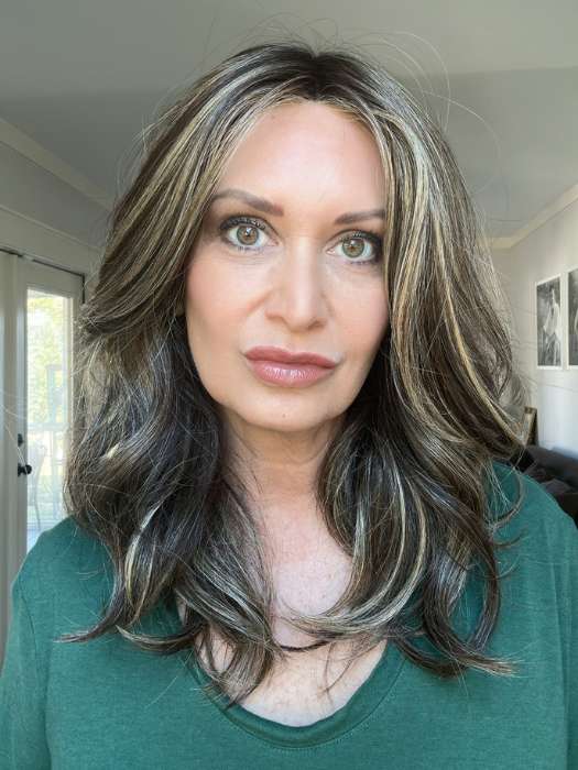 Emily @she_sheds_more wearing ISABEL by BELLETRESS in color CHOCOLATE BUTTERCREAM BLONDE | Medium and Dark Brown Rooted with a Blend of Medium Brown and Dark Blonde
