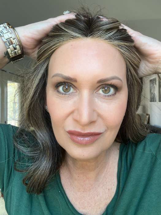 Emily @she_sheds_more wearing ISABEL by BELLETRESS in color CHOCOLATE BUTTERCREAM BLONDE | Medium and Dark Brown Rooted with a Blend of Medium Brown and Dark Blonde
