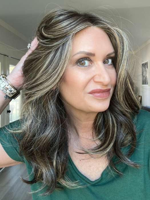 Emily @she_sheds_more wearing ISABEL by BELLETRESS in color CHOCOLATE BUTTERCREAM BLONDE | Medium and Dark Brown Rooted with a Blend of Medium Brown and Dark Blonde
