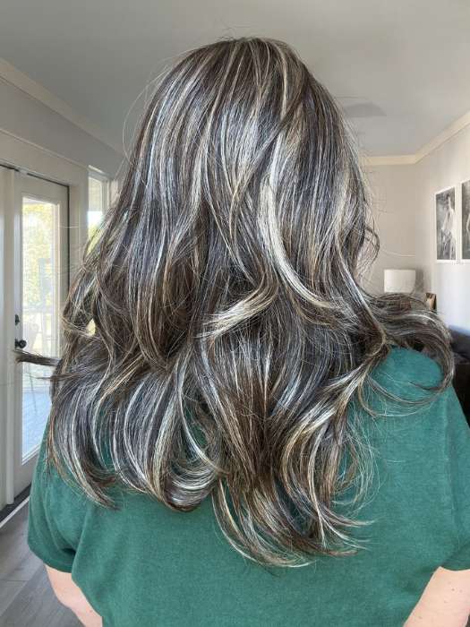Emily @she_sheds_more wearing ISABEL by BELLETRESS in color CHOCOLATE BUTTERCREAM BLONDE | Medium and Dark Brown Rooted with a Blend of Medium Brown and Dark Blonde
