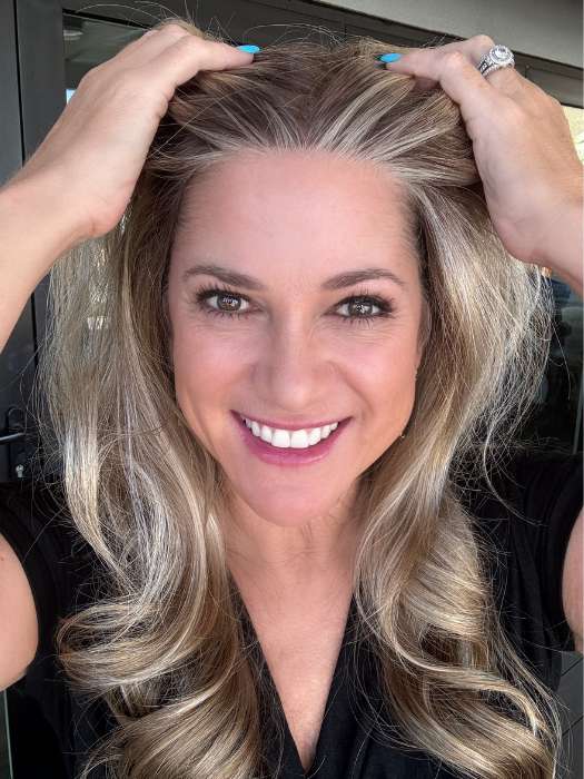 Susan Cooke @wigs_with_wisdom wearing AMBER by JON RENAU in color 12FS8 SHADED PRALINE | Light Gold Brown, Light Natural Gold Blonde & Pale Natural Gold-Blonde Blend, Shaded with Medium Brown