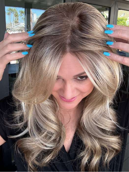 Susan Cooke @wigs_with_wisdom wearing AMBER by JON RENAU in color 12FS8 SHADED PRALINE | Light Gold Brown, Light Natural Gold Blonde & Pale Natural Gold-Blonde Blend, Shaded with Medium Brown