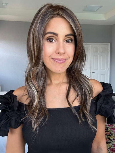 Lorena Calderon @faux.hurr.lifee wearing MILANO by BELLETRESS in color DARK BROWN HL | A Blend of Dark Brown, Strawberry Light Auburn and Soft Chunky Medium and Dark Blonde Highlights.
