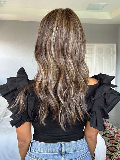 Lorena Calderon @faux.hurr.lifee wearing MILANO by BELLETRESS in color DARK BROWN HL | A Blend of Dark Brown, Strawberry Light Auburn and Soft Chunky Medium and Dark Blonde Highlights.

