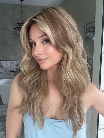 Heather Atkins @cjswigs wearing CALIFORNIA BEACH WAVES by TRESSALLURE in color 14/26/R10 | Red Blonde with Gold Blonde highlights and Light Brown roots
