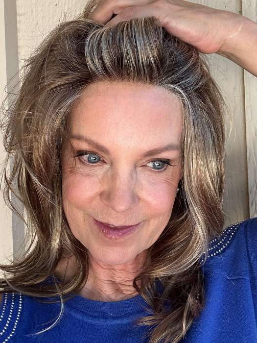 Susan Sparks @an_affair_with_hair wearing MIRANDA LITE by JON RENAU in color FS26/31S6 SALTED CARAMEL | Medium Natural Red Brown with Red Gold Blonde Bold Highlights, Shaded with Brown
