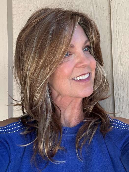 Susan Sparks @an_affair_with_hair wearing MIRANDA LITE by JON RENAU in color FS26/31S6 SALTED CARAMEL | Medium Natural Red Brown with Red Gold Blonde Bold Highlights, Shaded with Brown
