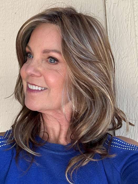 Susan Sparks @an_affair_with_hair wearing MIRANDA LITE by JON RENAU in color FS26/31S6 SALTED CARAMEL | Medium Natural Red Brown with Red Gold Blonde Bold Highlights, Shaded with Brown