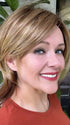 Marcie Mertz @wig.obsessed wearing ROSE by ENVY BY ALAN EATON in color GOLDEN-NUTMEG | Medium Brown roots with overall Warm Cinnamon base and Golden Blonde highlights
