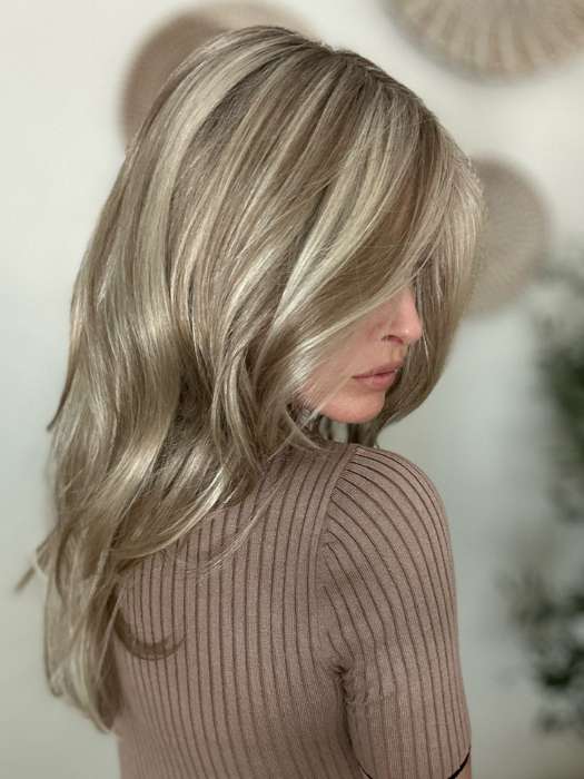 Heather @cjswigs wearing BLAZE by TRESSALLURE in color CHIFFON-CANDY | Dark Gold Blonde with shadowed roots and Gold Blonde highlights