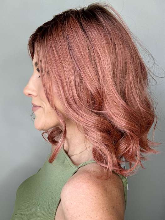 Kristyna @kristynamoore wearing PANACHE WAVEZ by RENE OF PARIS in color DUSTY-ROSE | Medium Coral Red Base with Dark Brown Roots