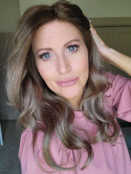 Natalie @vanish.into.thin.hair wearing AVALON by RENE OF PARIS in color MILK-TEA-LR | Creamy Beige with Longer Dark Root