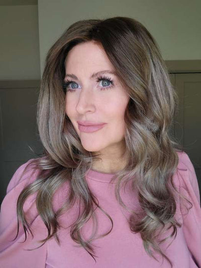 Natalie @vanish.into.thin.hair wearing AVALON by RENE OF PARIS in color MILK-TEA-LR | Creamy Beige with Longer Dark Root