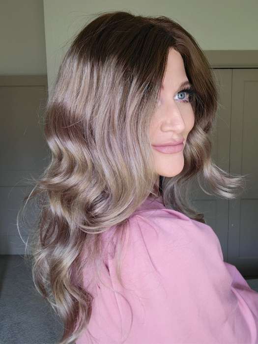 Natalie @vanish.into.thin.hair wearing AVALON by RENE OF PARIS in color MILK-TEA-LR | Creamy Beige with Longer Dark Root