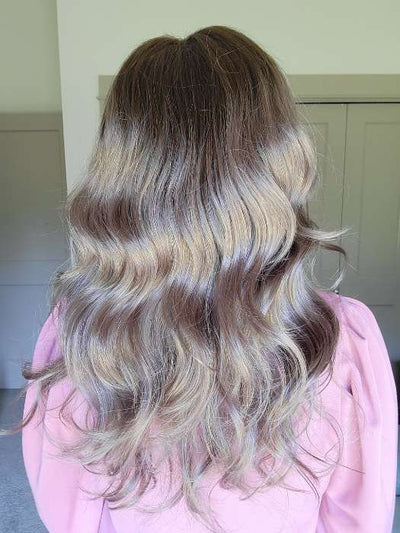 Natalie @vanish.into.thin.hair wearing AVALON by RENE OF PARIS in color MILK-TEA-LR | Creamy Beige with Longer Dark Root