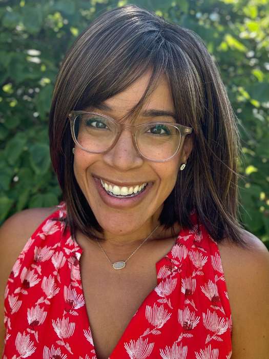 Brea @getwiggywithbrea wearing ALVA by NORIKO in color MARBLE-BROWN-R | Medium Brown Evenly Blended with Light Honey Brown With Dark Roots