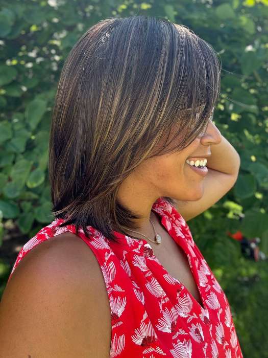 Brea @getwiggywithbrea wearing ALVA by NORIKO in color MARBLE-BROWN-R | Medium Brown Evenly Blended with Light Honey Brown With Dark Roots