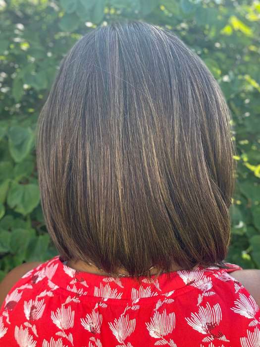 Brea @getwiggywithbrea wearing ALVA by NORIKO in color MARBLE-BROWN-R | Medium Brown Evenly Blended with Light Honey Brown With Dark Roots