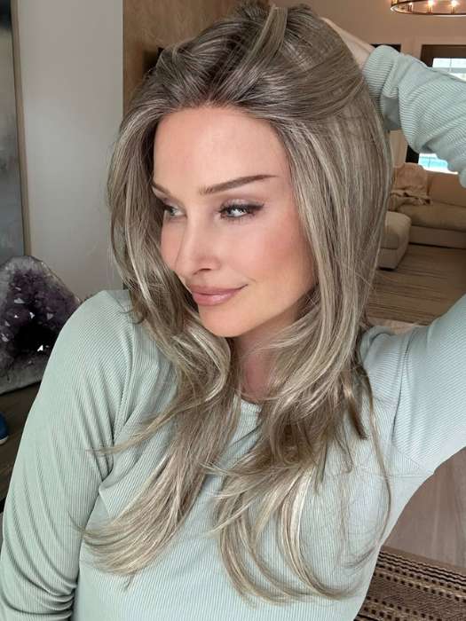 Heather @cjswigs wearing BLAZE by TRESSALLURE in color CHIFFON-CANDY | Dark Gold Blonde with shadowed roots and Gold Blonde highlights