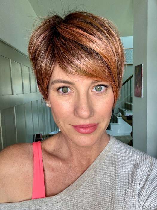 Jenny B. @thewiggygirl wearing LINK by ELLEN WILLE in color ROSEWOOD ROOTED | Medium Dark Brown Roots that Melt into a Mixture of Saddle Brown and Terra-Cotta Tones with Dark Roots