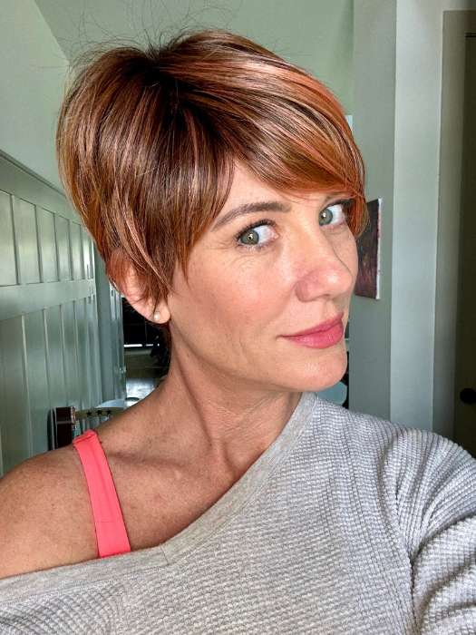 Jenny B. @thewiggygirl wearing LINK by ELLEN WILLE in color ROSEWOOD ROOTED | Medium Dark Brown Roots that Melt into a Mixture of Saddle Brown and Terra-Cotta Tones with Dark Roots