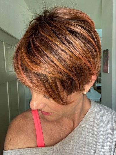 Jenny B. @thewiggygirl wearing LINK by ELLEN WILLE in color ROSEWOOD ROOTED | Medium Dark Brown Roots that Melt into a Mixture of Saddle Brown and Terra-Cotta Tones with Dark Roots