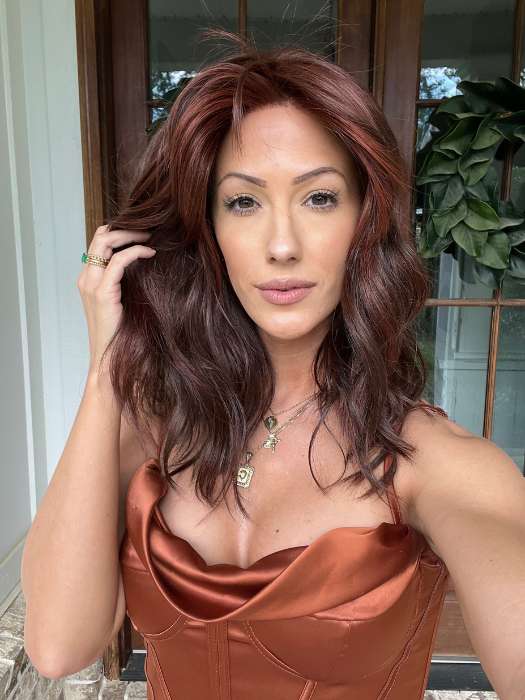 Jenna Fail @jenna_fail wearing BEACH WAVE MAGIC by TRESSALLURE in color 10/130R | Bright Red with Medium Brown roots