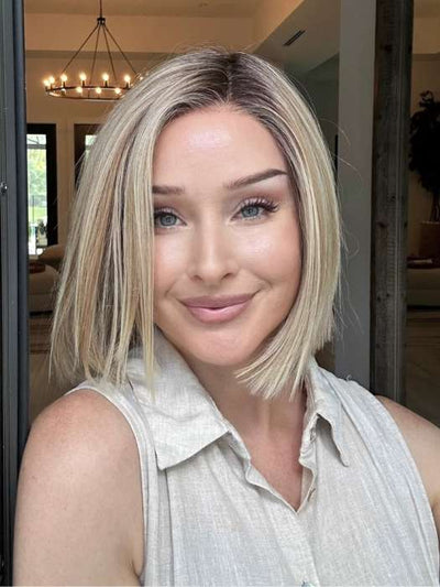 Heather @cjswigs wears LIA II by ELLEN WILLE in color SAHARA BEIGE ROOTED 26.20.25 | Light Golden Blonde, Light Strawberry Blonde, Lightest Golden Blonde Blend with Dark Shaded Roots