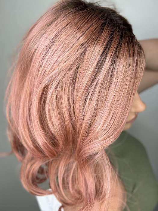 Kristyna @kristynamoore wearing PANACHE WAVEZ by RENE OF PARIS in color DUSTY-ROSE | Medium Coral Red Base with Dark Brown Roots