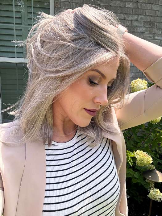 Kristyna @kristynamoore wearing HARPER by JON RENAU in color 101F48T MARTINI | Soft White Front, Light Brown with 75% Grey Blend with Soft White Tips