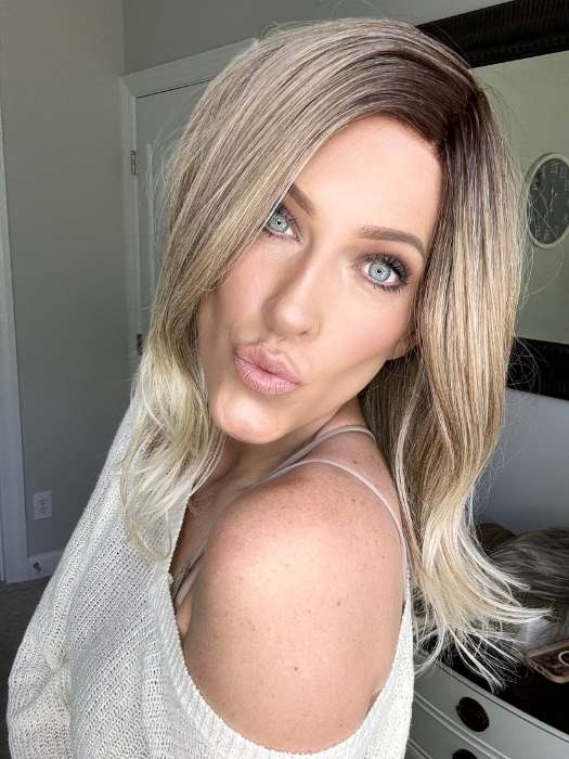 Kristyna @kristynamoore wearing LEONI by RENE OF PARIS in color MELTED MARSHMALLOW | Subtly Warm Dark Sandy Blonde Blend with Medium Brown Roots and Light Ash Blonde Tips and Highlights