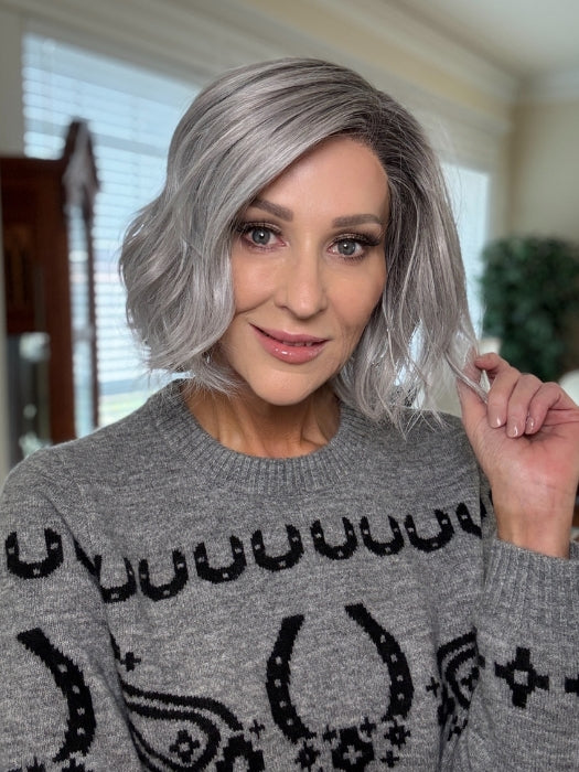 Eileen wearing ESPRIT SMALL SOFT by ELLEN WILLE in METALLIC GREY ROOTED 60.51 Pearl White, Darkest/Lightest Brown with Grey Blend with Shaded Roots