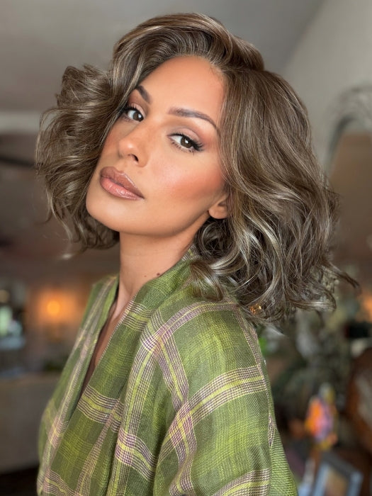 Roxie wearing LACY LITE by JON RENAU in 8RH14 MOUSSE CAKE | Medium Brown with 33% Medium Natural Blonde Highlights