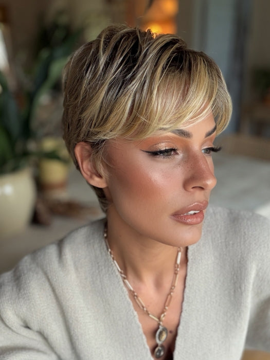 Roxie wearing CELINE by JON RENAU in 12FS8 SHADED PRALINE | Light Gold Brown, Light Natural Gold Blonde & Pale Natural Gold-Blonde Blend, Shaded with Medium Brown
