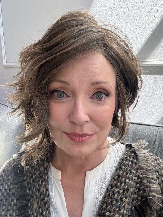 Mel B. @mels.be.ageless wearing LOS ANGELES by BELLETRESS in color COOLEST ASH BROWN | A combination of Light Ash Brown, Cool Medium Brown and a hint of Dark Blonde
