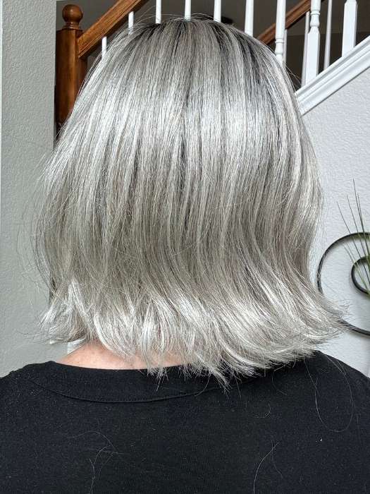 Mel B. @mels.be.ageless wearing DESTINY by ELLEN WILLE in color DARK SNOW ROOTED 56.60.48 | Lightest Brown Blended with Grey and Pearl White with Shaded Roots