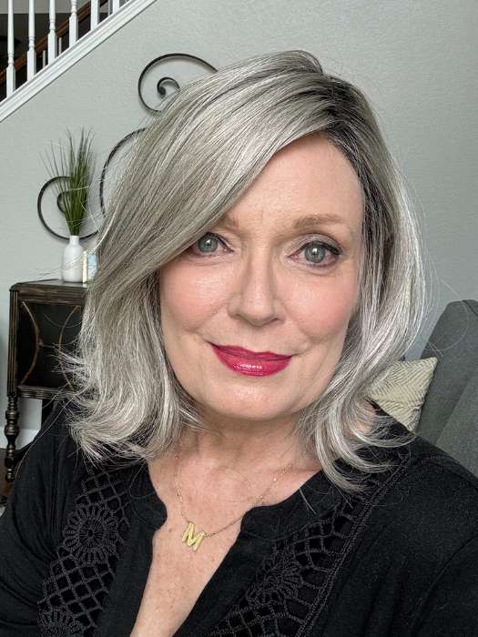 Mel B. @mels.be.ageless wearing DESTINY by ELLEN WILLE in color DARK SNOW ROOTED 56.60.48 | Lightest Brown Blended with Grey and Pearl White with Shaded Roots