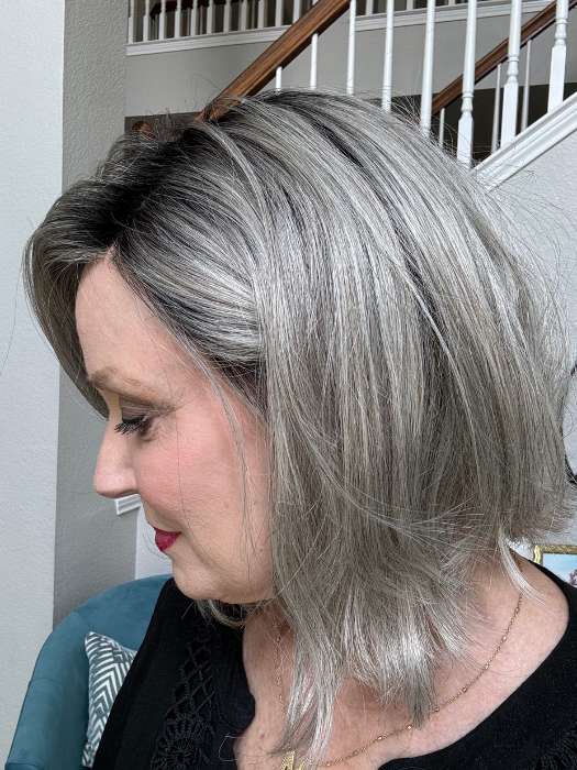 Mel B. @mels.be.ageless wearing DESTINY by ELLEN WILLE in color DARK SNOW ROOTED 56.60.48 | Lightest Brown Blended with Grey and Pearl White with Shaded Roots