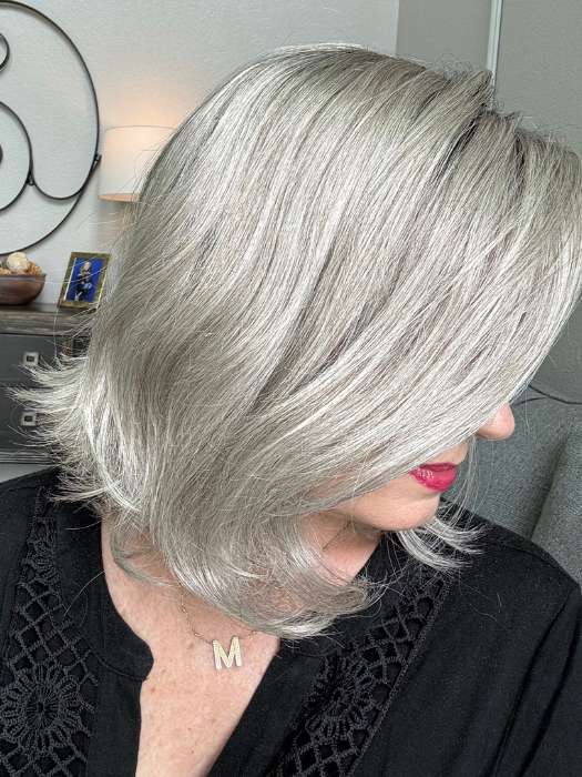 Mel B. @mels.be.ageless wearing DESTINY by ELLEN WILLE in color DARK SNOW ROOTED 56.60.48 | Lightest Brown Blended with Grey and Pearl White with Shaded Roots