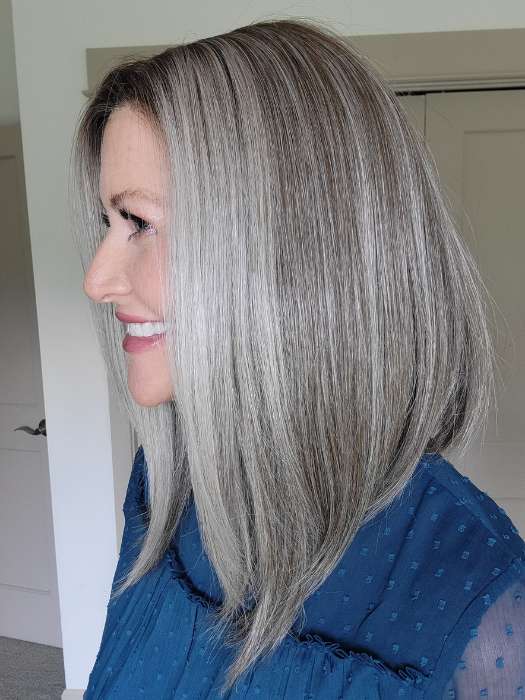 Natalie Gray @vanish.into.thin.hair wearing UNDERCUT BOB by TRESSALLURE in color 52/38/49/R8 | 3 Tones of Grey blended with Dark Brown Roots
