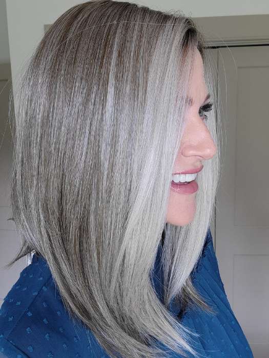 Natalie Gray @vanish.into.thin.hair wearing UNDERCUT BOB by TRESSALLURE in color 52/38/49/R8 | 3 Tones of Grey blended with Dark Brown Roots
