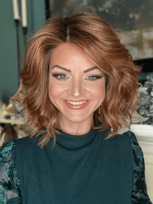 Sandy @i_be_wiggin wearing EDITOR'S PICK by RAQUEL WELCH WIGS in color RL29/33SS ICED PUMPKIN SPICE | Strawberry Blonde shaded with Dark Red-Brown