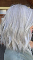 Natalie @vanish.into.thin.hair wearing HOLLIE by JON RENAU in color 56F51 OYSTER | Light Grey with 20% Medium Brown Front, graduating to Grey with 30% Medium Brown Nape