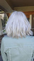 Natalie @vanish.into.thin.hair wearing HOLLIE by JON RENAU in color 56F51 OYSTER | Light Grey with 20% Medium Brown Front, graduating to Grey with 30% Medium Brown Nape